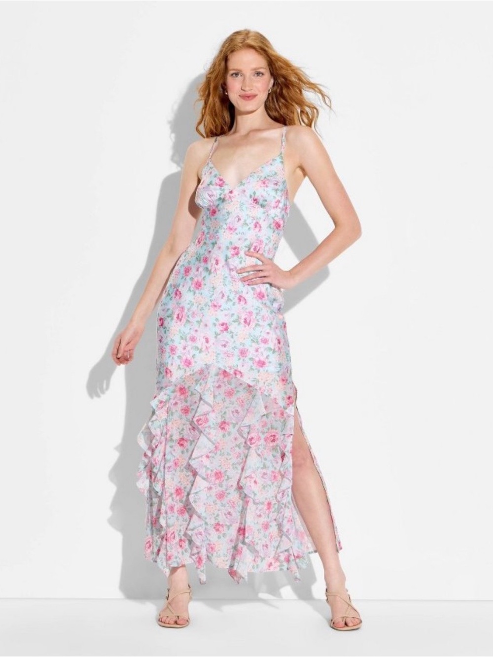 wild fable Pink Floral High-Low Ruffle Slip Dress